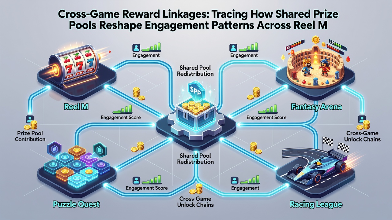 Diagram dat laat zien hoe shared prize pools engagementpatronen verbinden tussen reel machines card tables en live dealer formaten