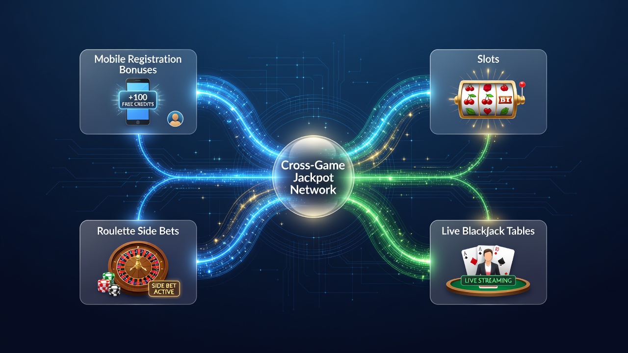 Illustratie van mobiele betaalstromen die registratiebonussen koppelen aan cross-game jackpotnetwerken in slots, roulette en live blackjack