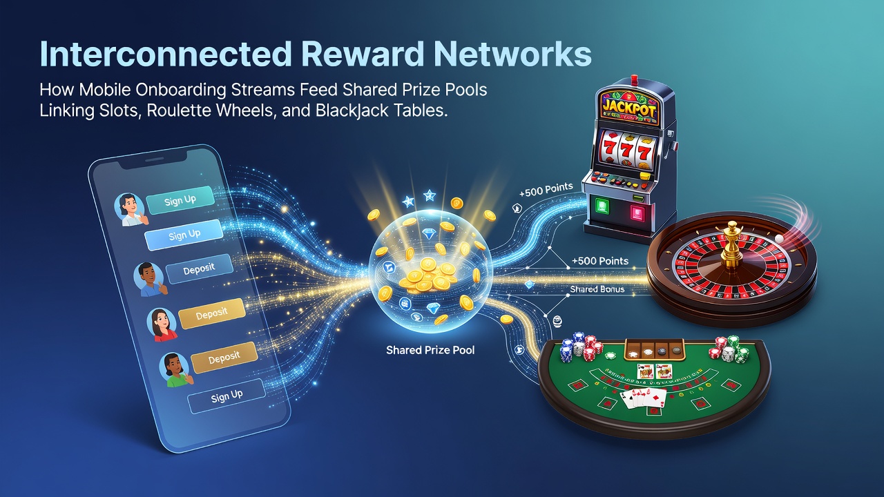 Visuele weergave van mobiele onboarding die verbonden prijs pools activeert over slots roulette en blackjack tafels