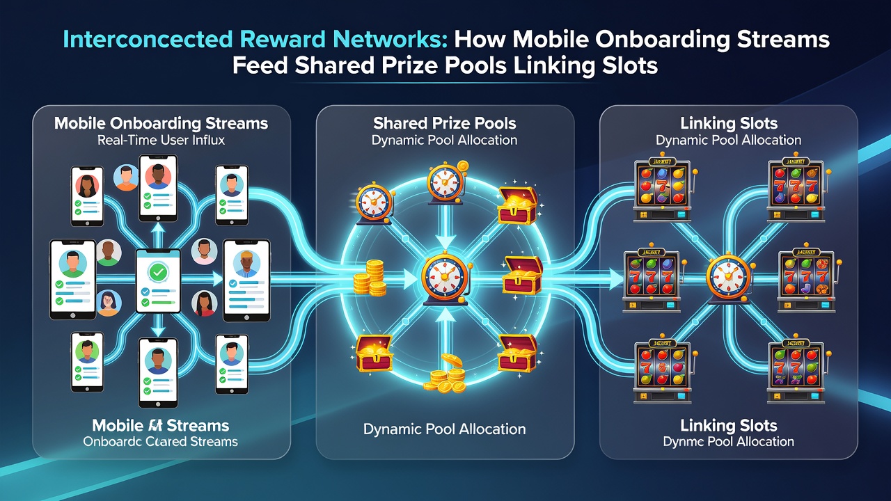 Diagram van gedeelde prijs pools die slots roulette en blackjack met elkaar verbinden via mobiele stromen