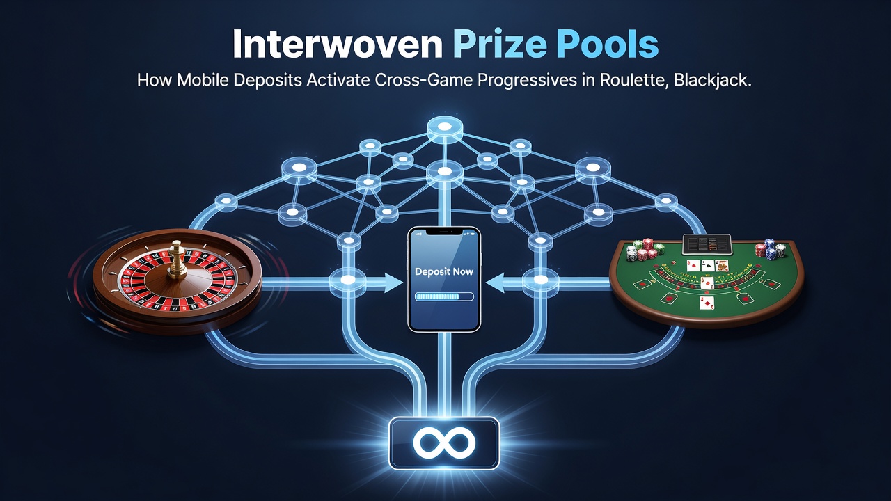 Mobiele app-interface met live jackpotteller die verbonden is over roulette, blackjack en slots