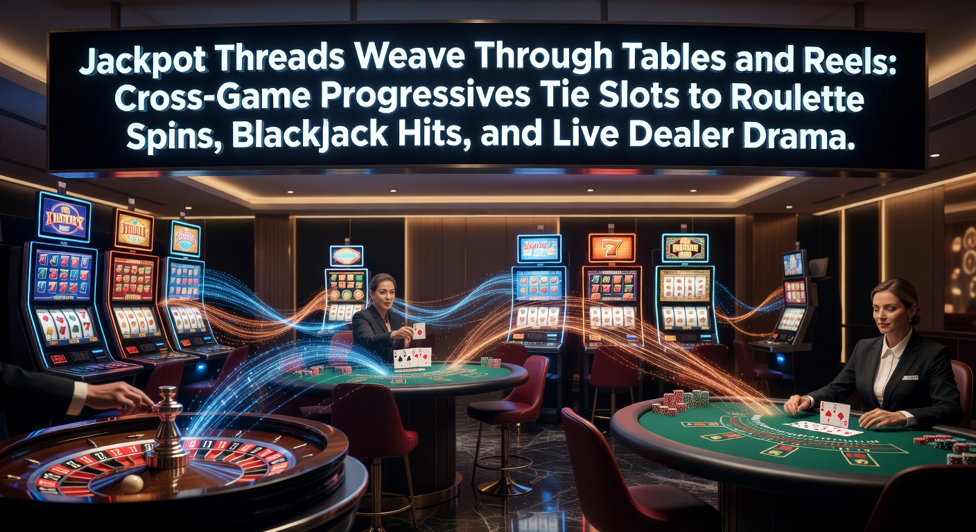 Schermafbeelding van een cross-game progressive jackpot die slots en tafelspellen verbindt, met stijgende potten en geïntegreerde spelerinterfaces