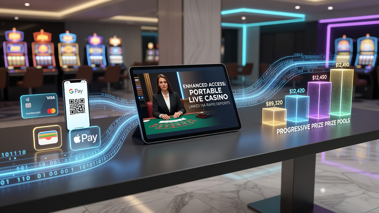 Illustratie van mobiele live casino interfaces met snelle stortopties en lopende jackpotmeters