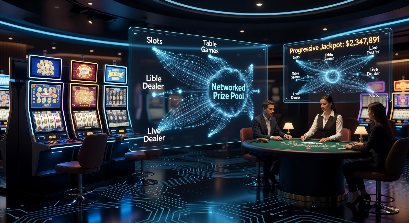 Grafische weergave van een netwerk van progressieve jackpots die slots, roulette en blackjack tafels verbinden met live dealer streams