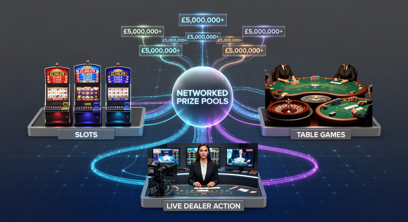 Live dealer blackjack tafel met een progressieve jackpot meter die oploopt door bijdragen van slots en roulette spelers