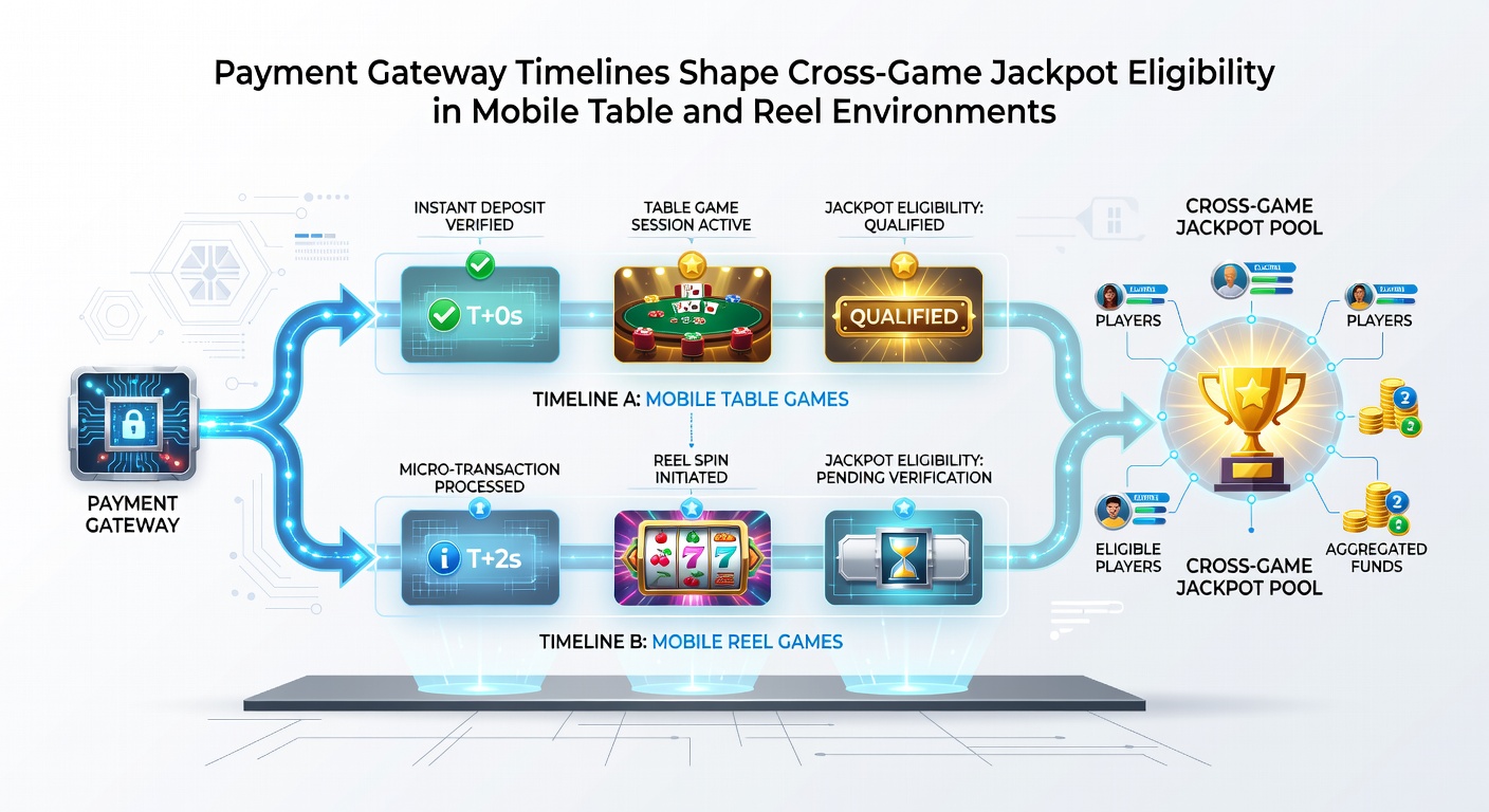 Diagram van cross-game jackpot verbindingen tussen mobiele slots en tafelspellen via betalingsgateways