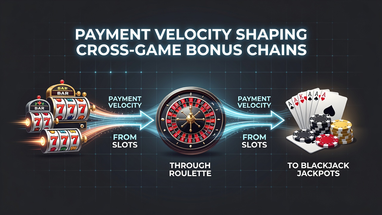 Diagram van gekoppelde bonusstromen tussen slots, roulette en blackjack jackpots