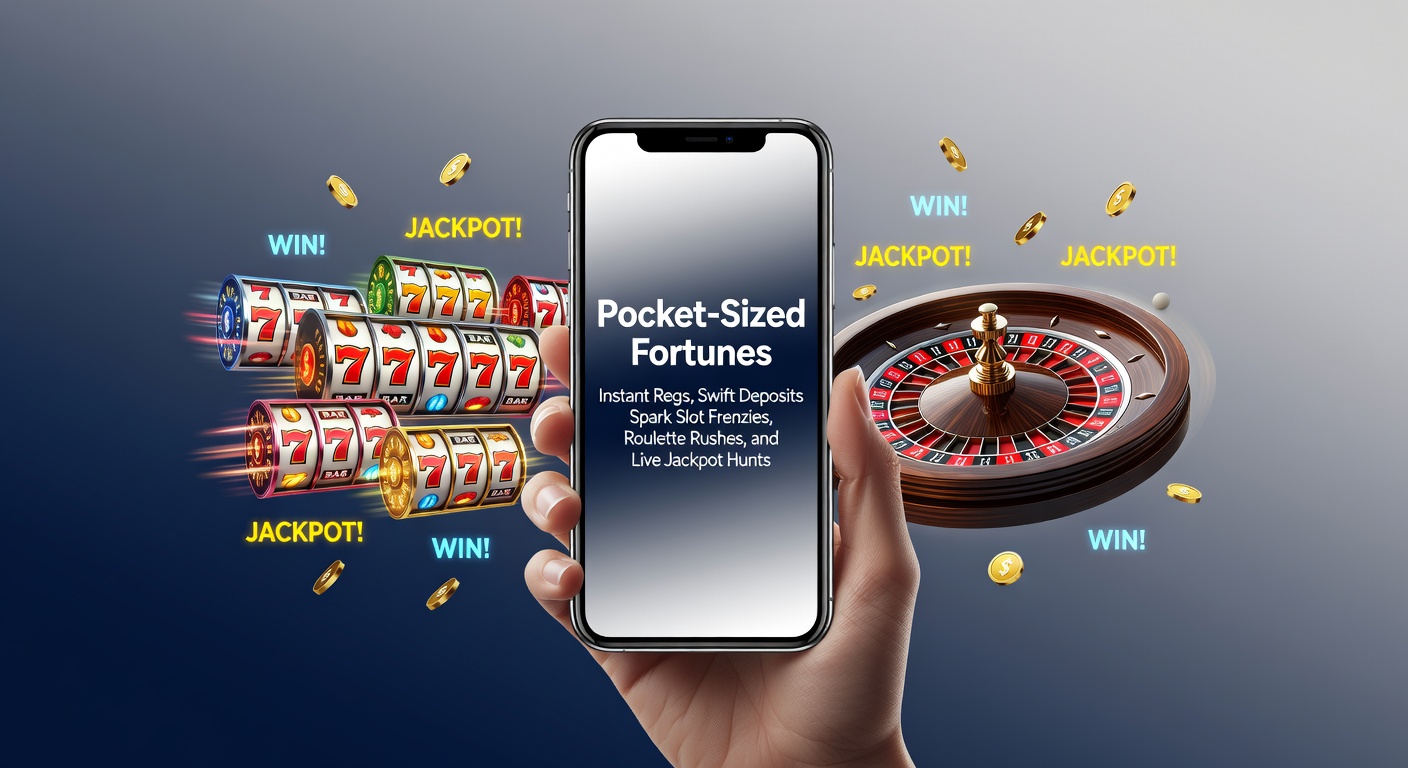 Smartphone met draaiende slots en roulettewiel op een mobiel scherm, symboliserend snelle mobiele gokactie