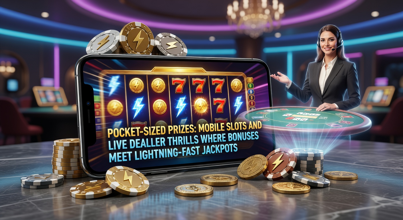 Smartphone met kleurrijke mobiele slot reels die draaien, omringd door jackpot symbolen en live dealer tafels op een achtergrond van casino lichten