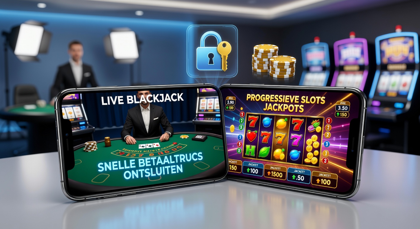 Smartphone met live blackjack tafel en progressieve jackpot slot in actie, met betaaliconen op het scherm