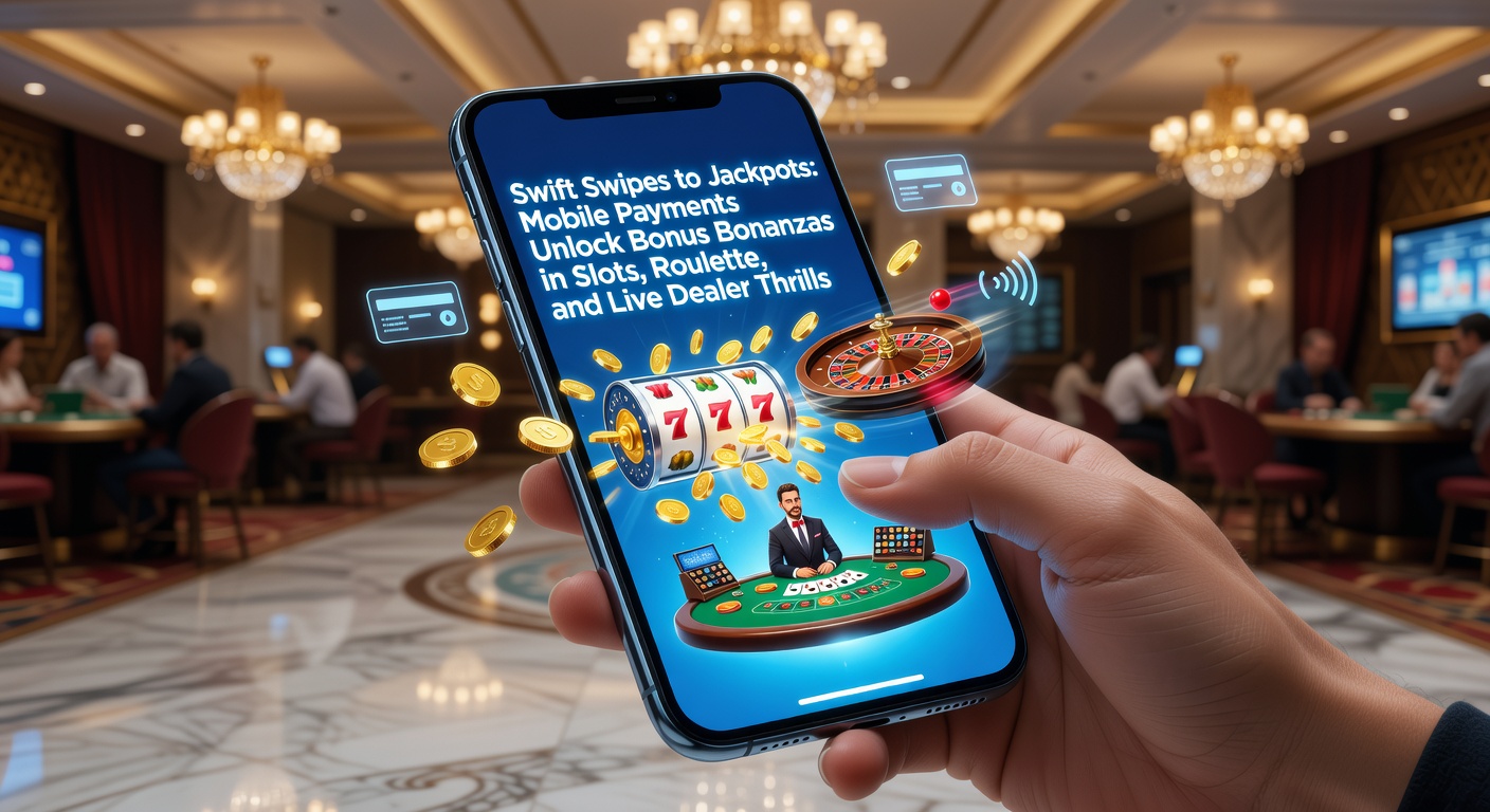 Smartphone met mobiele betaalapp die een jackpot op een slotmachine toont, met bonussen die exploderen op het scherm