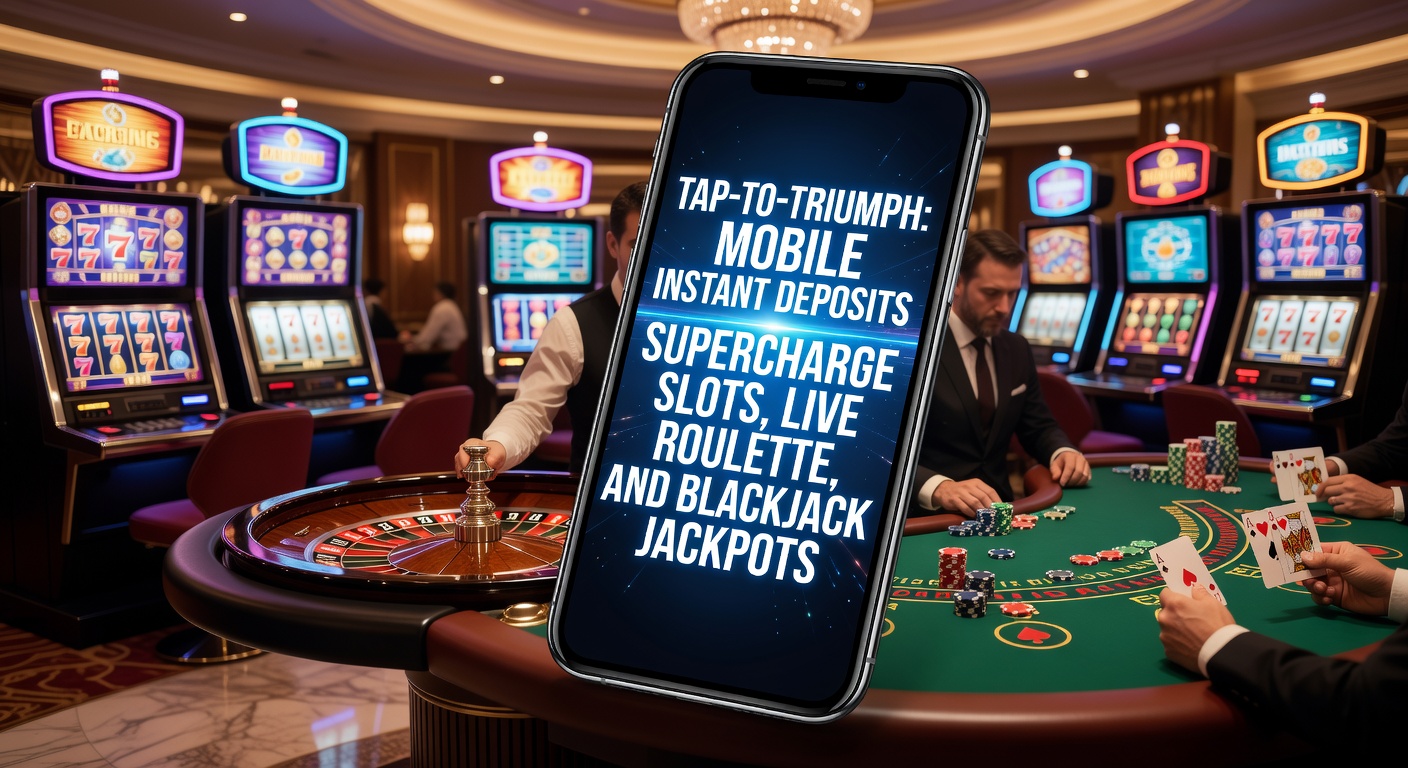 Smartphone met glowende jackpot op een slotmachine, symboliserend snelle mobiele deposits in online casino's