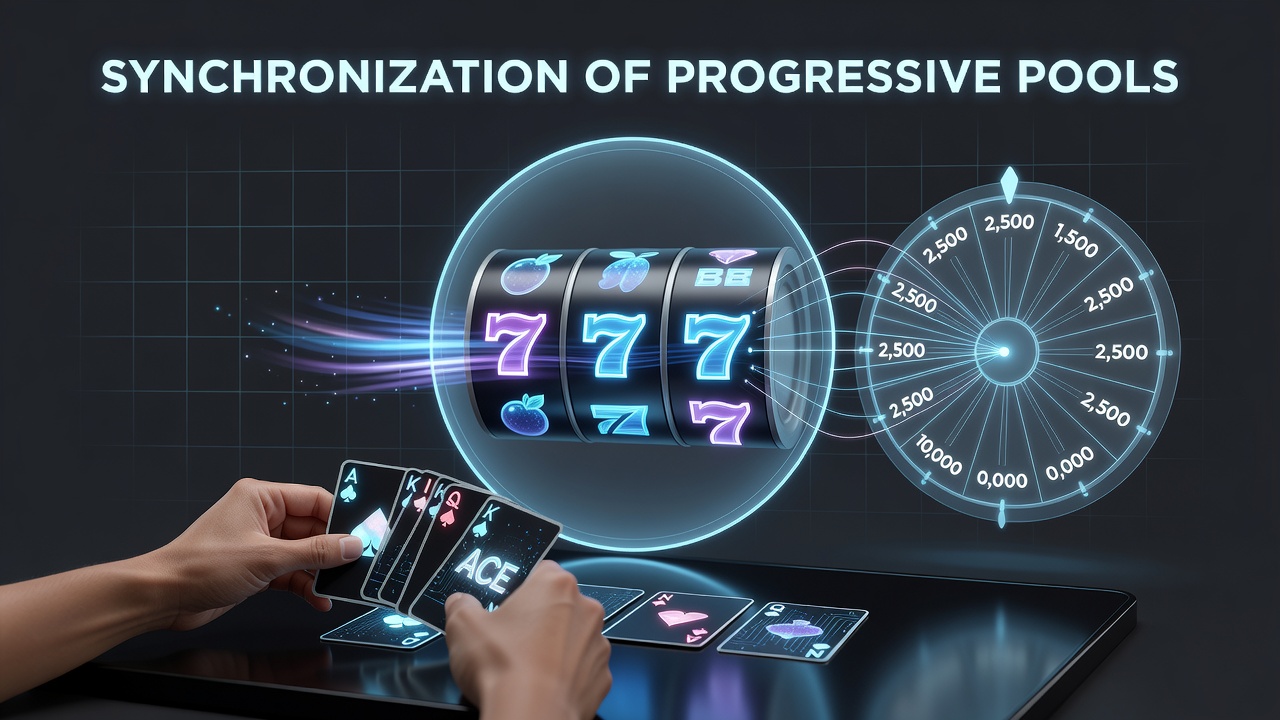 Illustratie van gesynchroniseerde progressieve jackpots over slots, roulettewielen en blackjacktafels