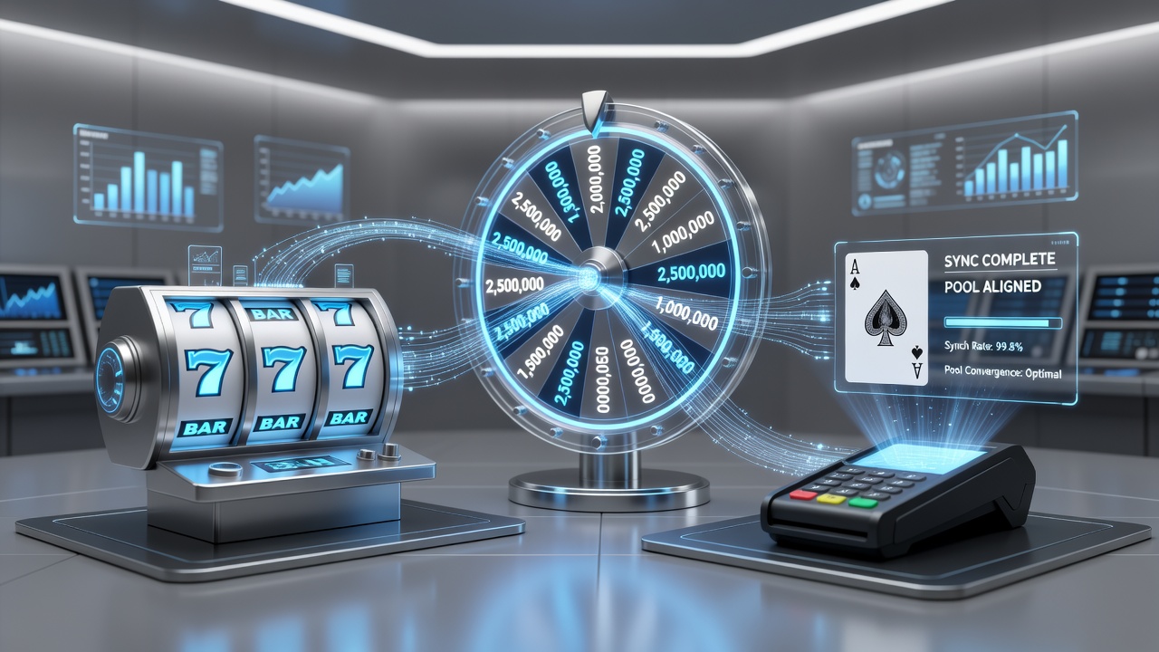 Diagram dat toont hoe progressieve bijdragen van verschillende casinospellen samenkomen in één pot